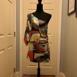 BCBG Maxazria One-shoulder multi-colored long top has great stretch, versatile